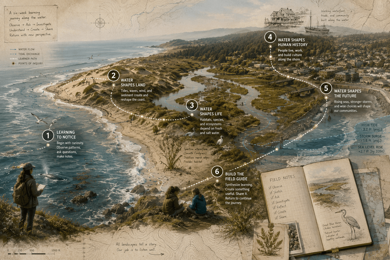 Conceptual field-atlas plate showing a six-week coastal learning journey across shoreline, dunes, wetlands, human history, coastal risk, and learner synthesis.
