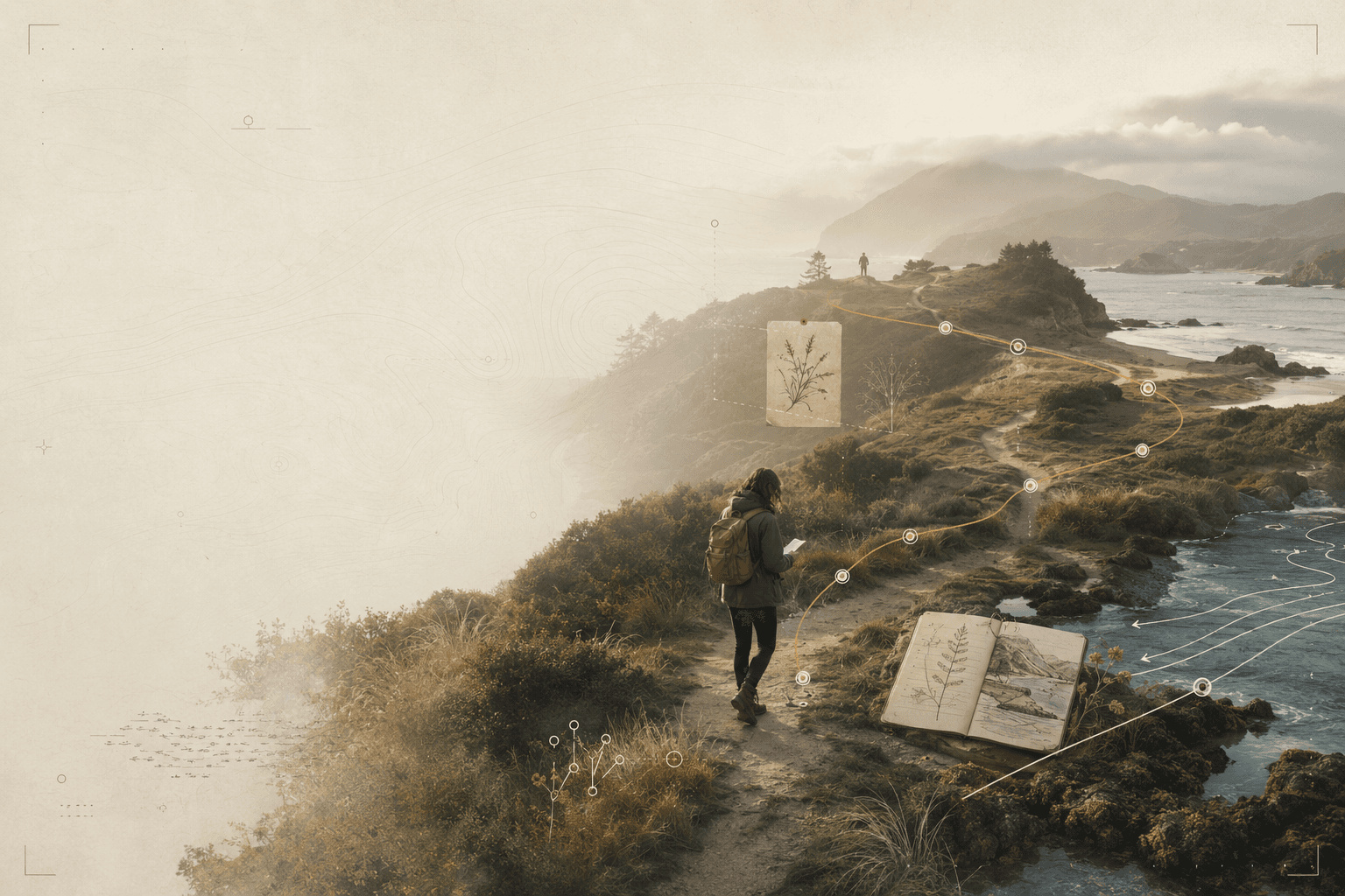 A learner follows an annotated coastal path where field observations, questions, notes, and returning routes transform the landscape into a learning system.